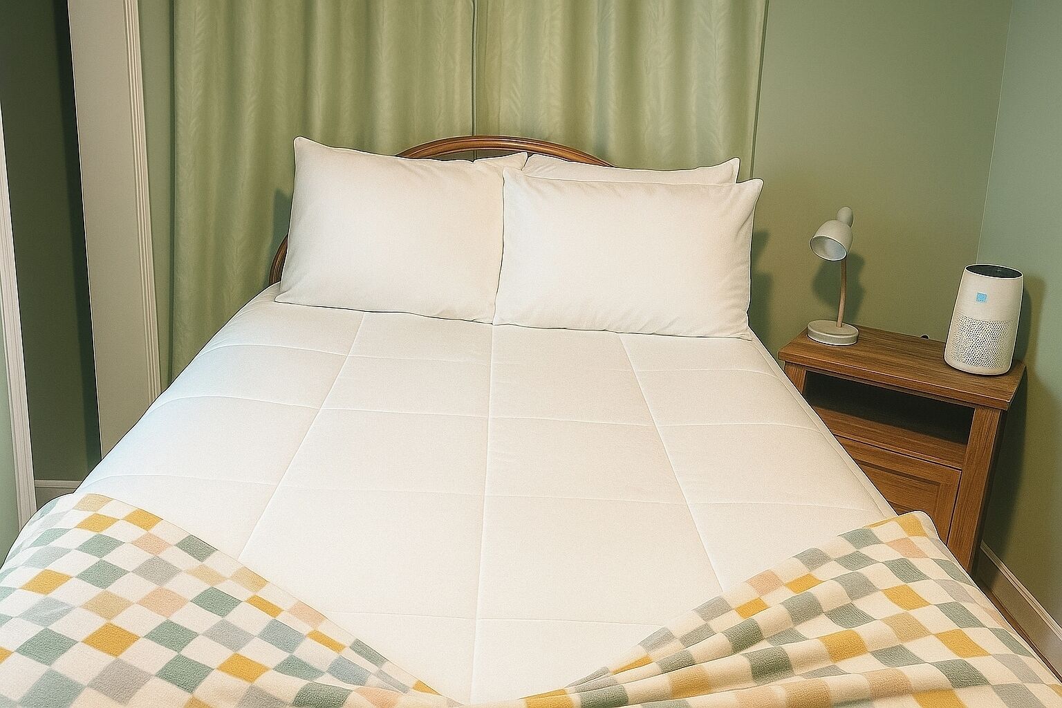 A bed with a quilted white duvet, two pillows, and a checkered blanket. There is a bedside table with a lamp and a speaker.