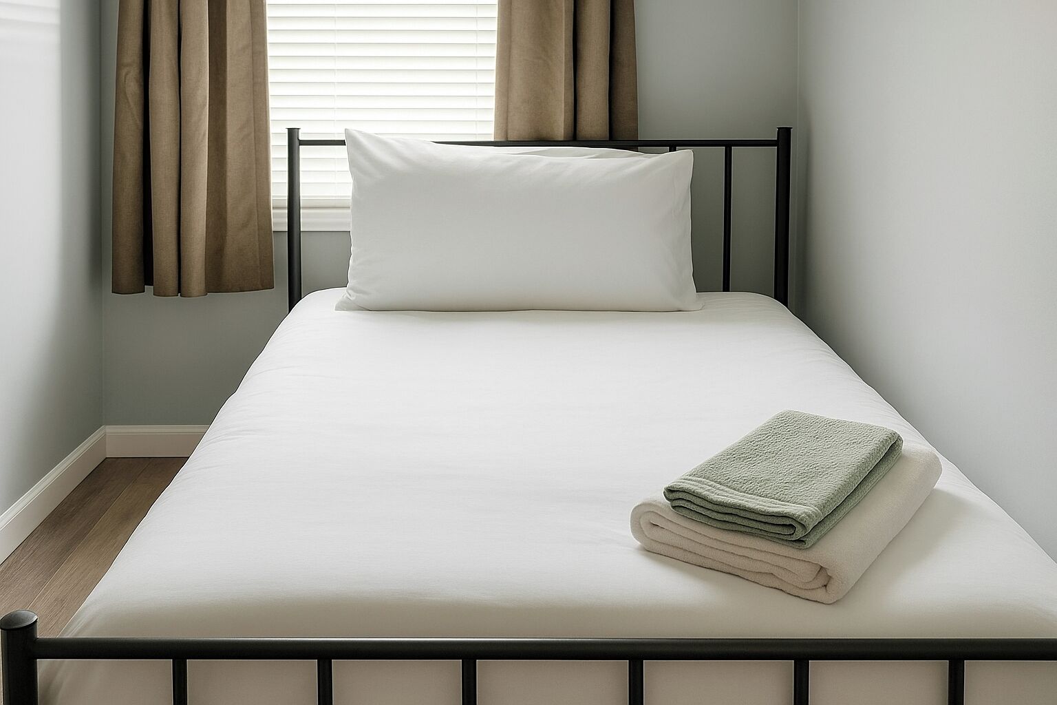 Ein Einzelbett mit weißer Bettwäsche, einem gefalteten Handtuch und einem schwarzen Metallgestell.