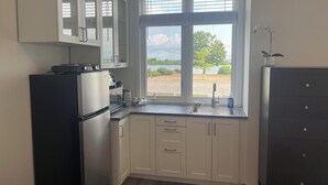 Una cocina con armarios blancos, un refrigerador negro, una ventana con vista a un cuerpo de agua y vegetación, y un mueble oscuro a la derecha.