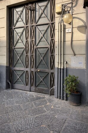 A metal gate with geometric patterns, a potted plant, and a utility pole with cables. - Antela47 Sleep&Stay Naples (Naples)