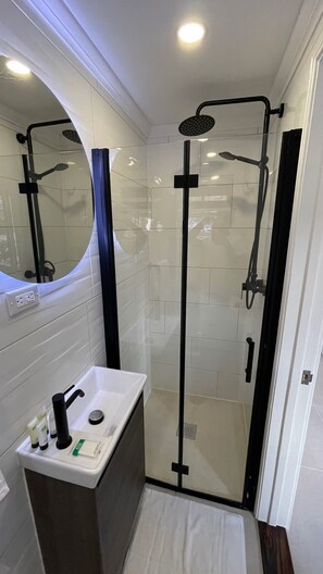Shower, hair dryer, towels, soap