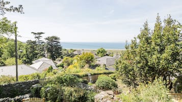 A residential area with houses, a stone wall, and a view of the sea.