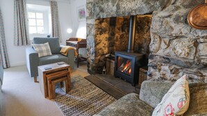 A cozy living room with a stone fireplace, a sofa, a coffee table, and a rug. - Pen Y Bryn Bach (Harlech)