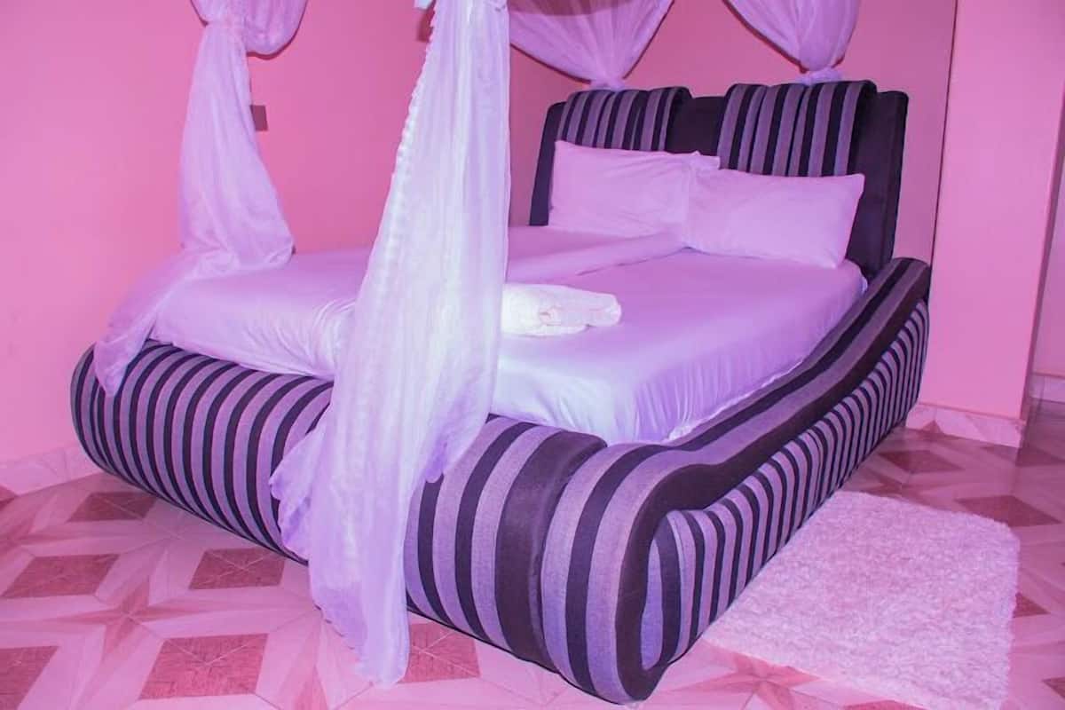 A bed with a canopy, striped pillows, and a white blanket.