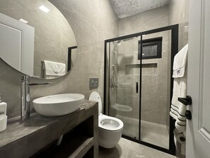 Shower, bidet, towels, soap