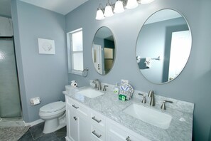Hair dryer, towels, soap, toilet paper