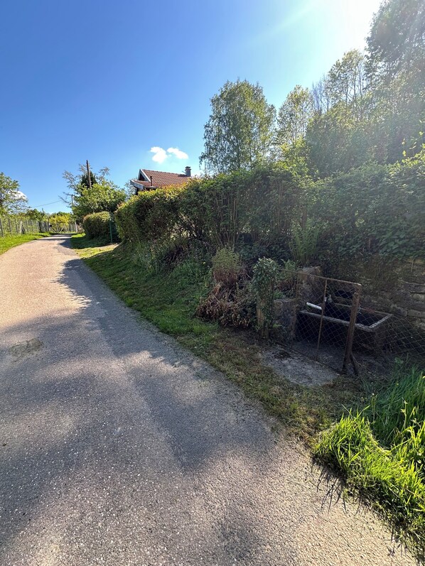 A rural road with a house in the background, surrounded by greenery and a fence. - Nature chalet on 8000m2 of totally quiet land in Coinchimont (Ban-de-Laveline)