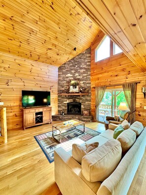 Smart TV, fireplace, video games, DVD player