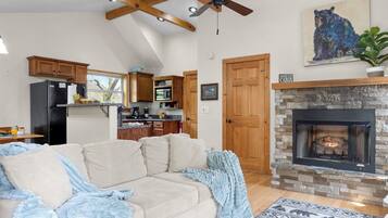 Smart TV, fireplace, video games, DVD player