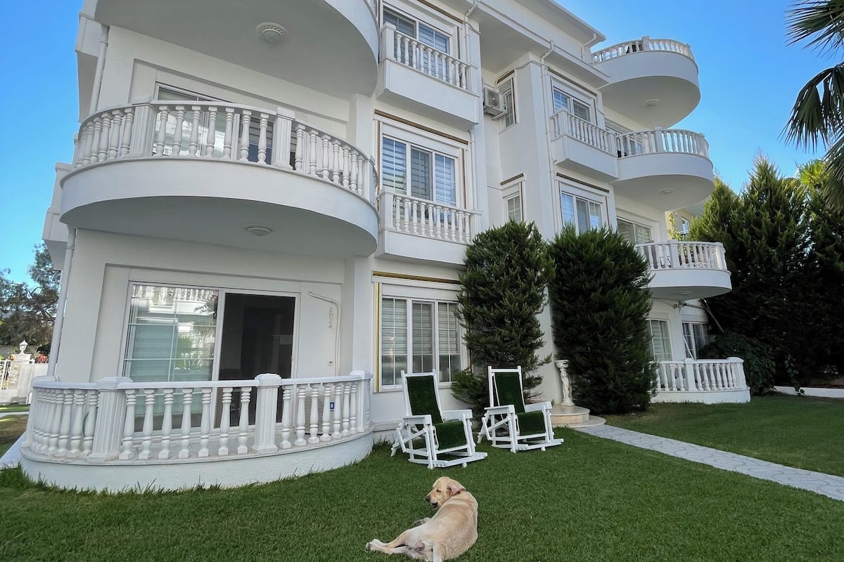Un edificio de varios pisos con balcones, césped y un perro.