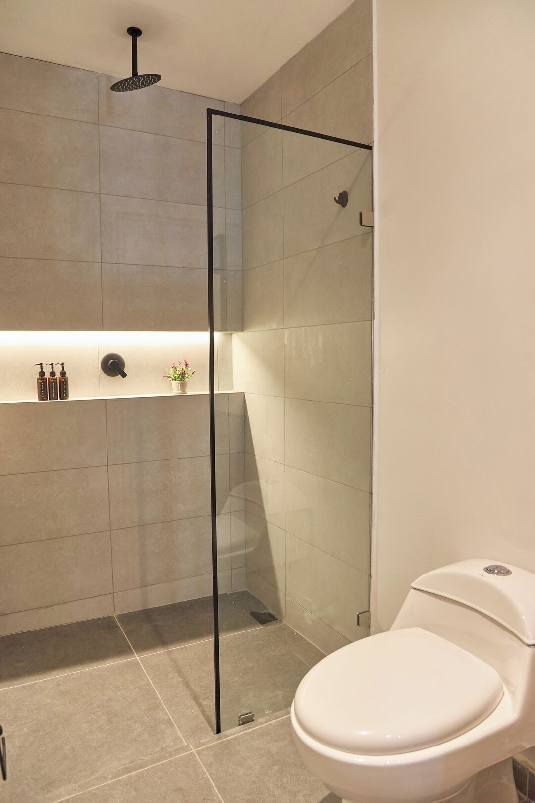 A modern bathroom with a glass shower enclosure, a toilet, and a shelf with toiletries.