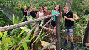 Un groupe de personnes se trouve sur un pont de corde, dans une zone forestière luxuriante et verdoyante, avec l’océan en toile de fond.