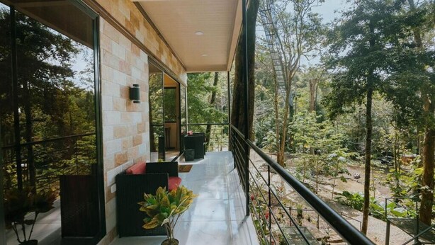 Un balcon moderne doté d’une balustrade en verre, offrant une vue sur une zone boisée.