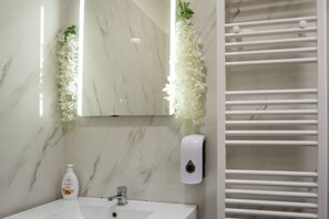 Hair dryer, towels, toilet paper