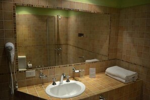 Hair dryer, towels, soap, shampoo