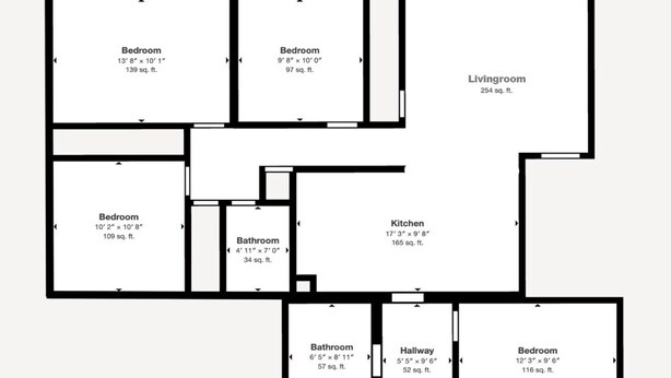A floor plan with multiple bedrooms, a living room, a kitchen, two bathrooms, and a hallway.