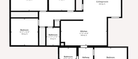 A floor plan with multiple bedrooms, a living room, a kitchen, two bathrooms, and a hallway.