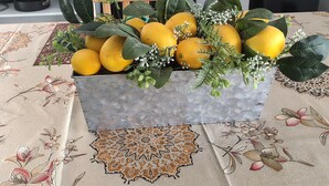 A kitchen with a sink, stove, microwave, and refrigerator. There is a decorative arrangement of lemons and greenery on the table. - Baja Escape ;Work, Leisure or Explore — Your Choice! (Loreto)