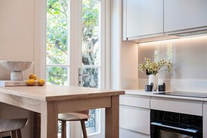 Fridge, microwave, dishwasher, coffee/tea maker