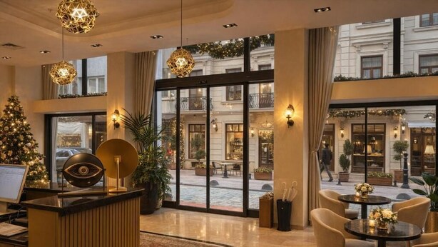 A hotel lobby with a reception desk, seating area, large windows, and a Christmas tree. - Mandala Karaköy Hotel (Istanbul)