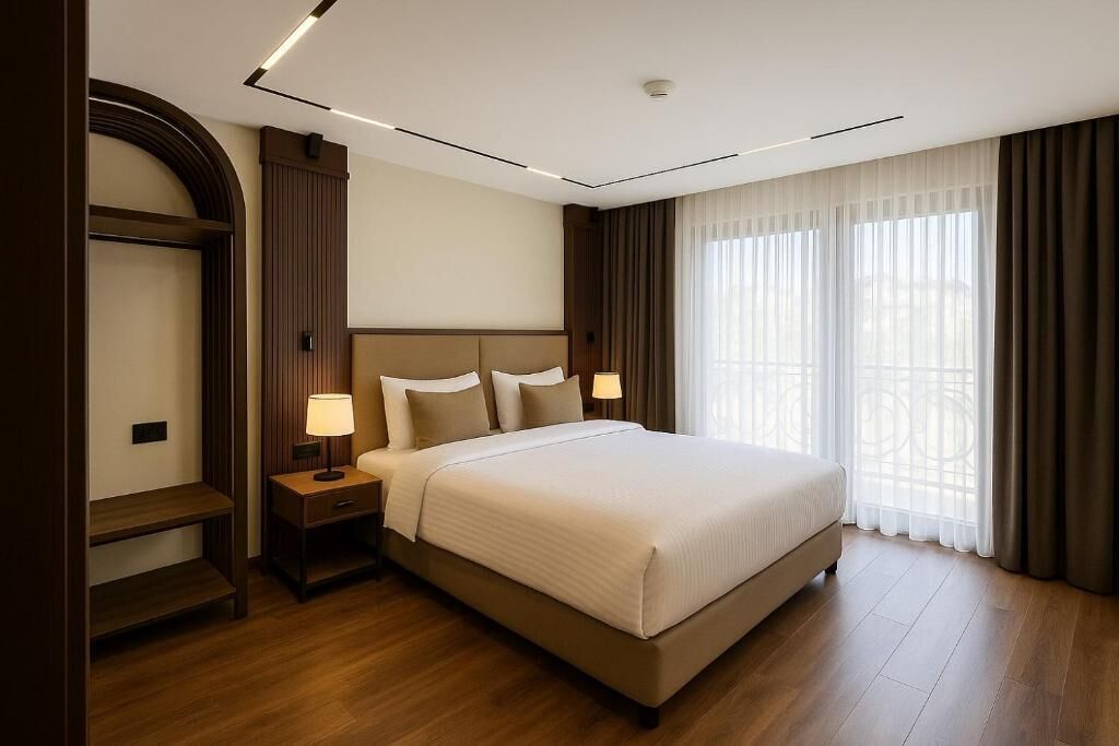 A hotel room with a large bed, bedside tables with lamps, a wardrobe, and a large window with curtains.