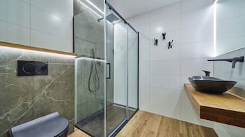 Hair dryer, towels, soap, toilet paper