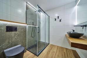 Hair dryer, towels, soap, toilet paper