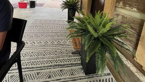 Une véranda couverte avec un plafond en bois, un tapis à motifs et une fougère en pot.