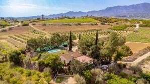 A villa with a swimming pool surrounded by trees, set in a rural landscape with fields and mountains in the background.