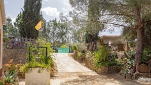 A dirt path leading through a garden with various plants and a flag.