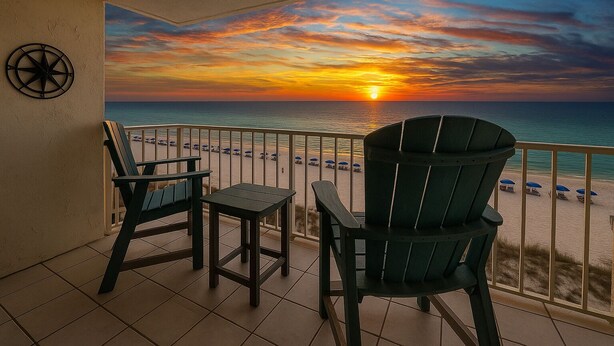 Un balcón con dos sillas y una mesa, con vistas a una playa con sombrillas y un atardecer.