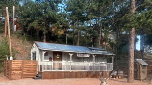 A rustic cabin with a porch and a deer in the foreground. - Vintage Sheriff Tiny Cabin - HOT TUB! (Woodland Park)