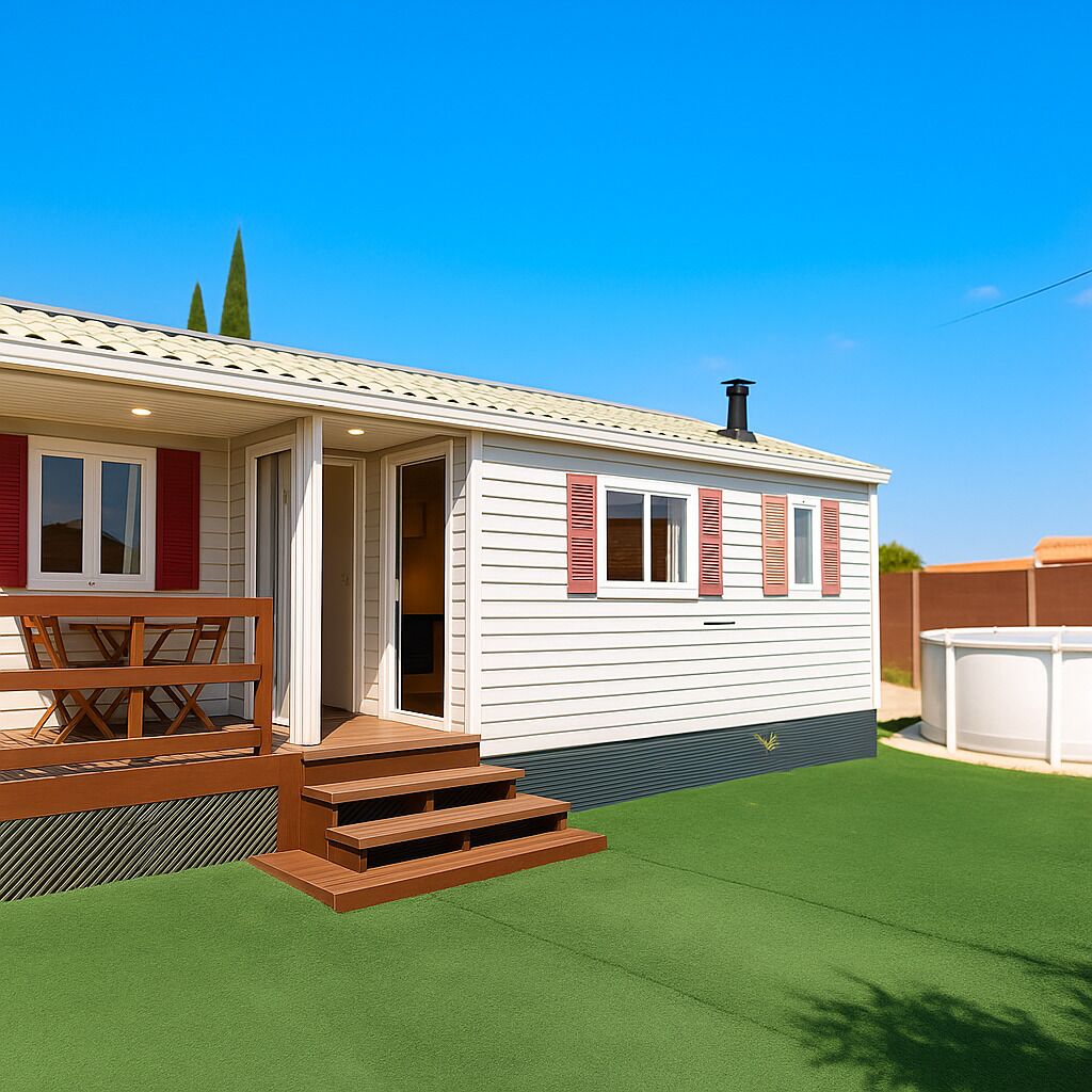 A single-story mobile home with a patio area, a small deck, and a green lawn.
