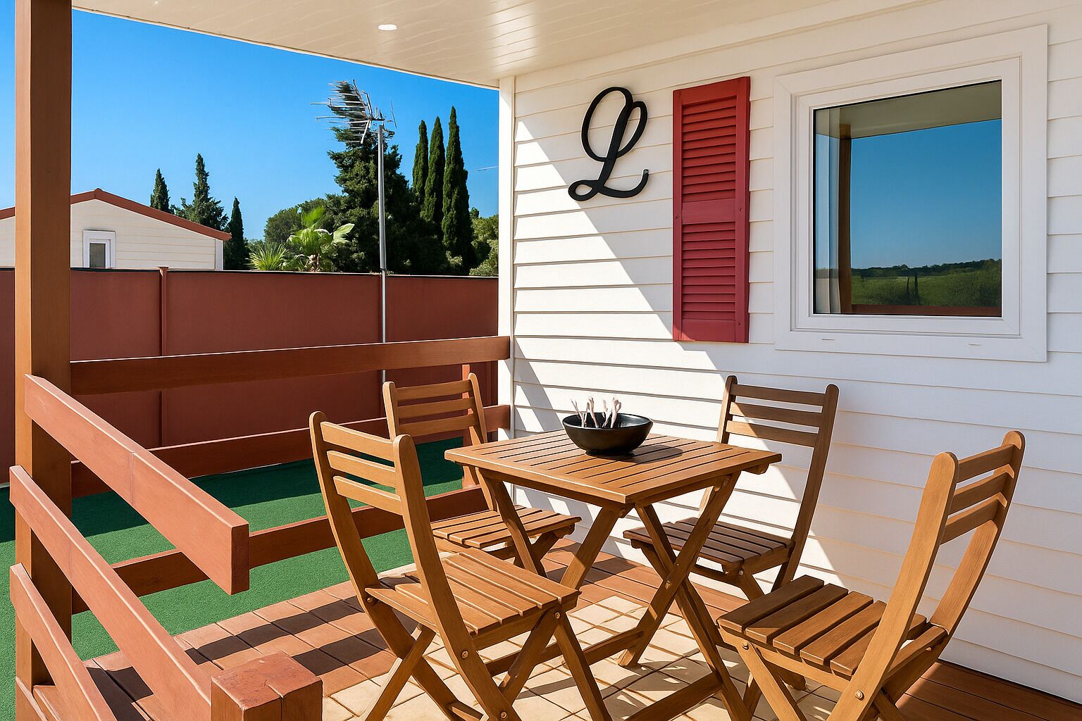 Una terraza de madera con una mesa y sillas, un bol de utensilios y un cerrojo rojo en una pared blanca.