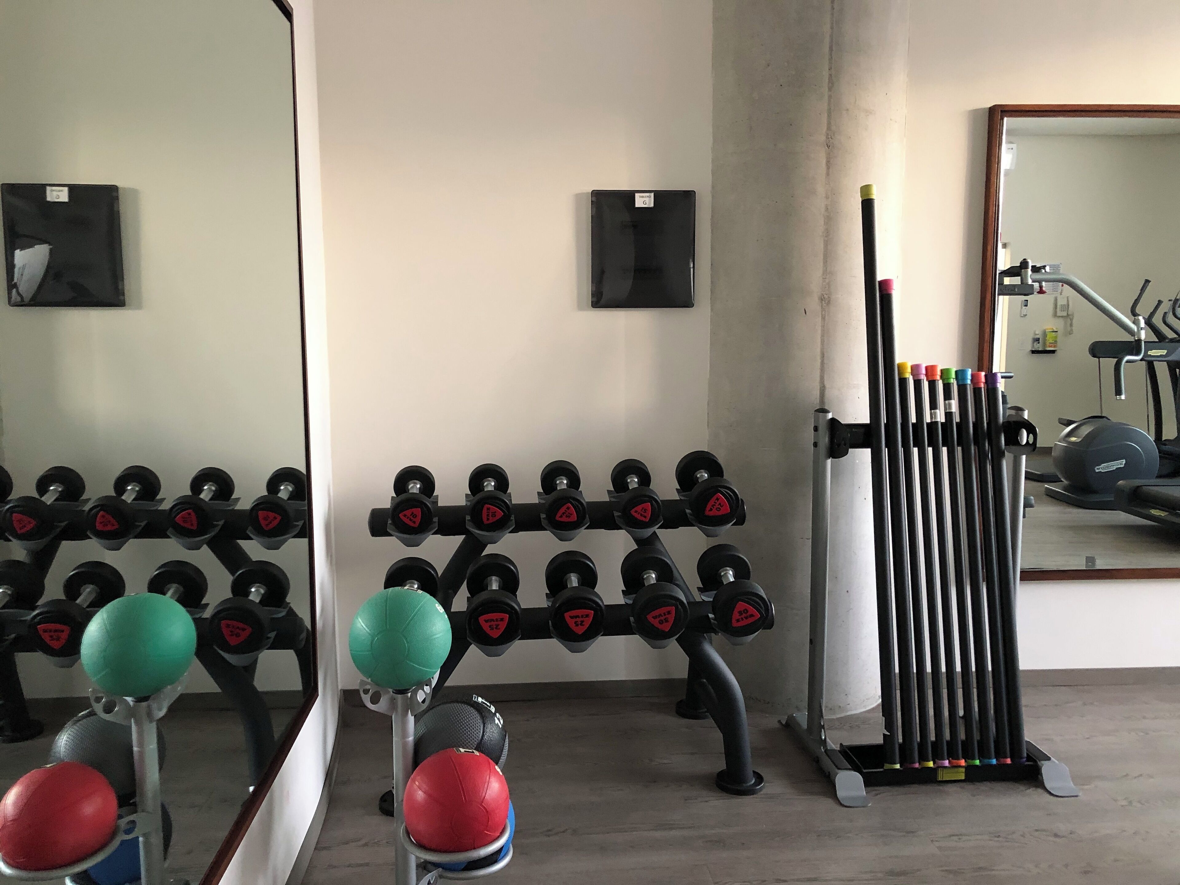 A gym with rows of dumbbells, a squat rack, and exercise balls.