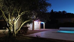 Ein Außenbereich bei Nacht mit einem Pool, einer Pergola mit Lichterketten und einem Baum.