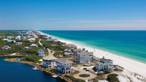 An aerial view of a coastal residential area with houses along the beach, a dock, and a clear blue sky. - Blue Horizon • Golf Cart, Pool & Sleeps 32 (Santa Rosa Beach)