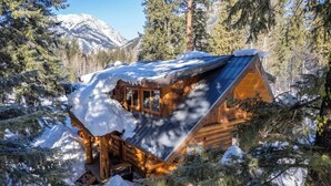 A wooden cabin surrounded by snow-covered trees and a mountain in the background. - River Front | Mountain Ski Cabin (Mazama)