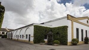 A white building with a yellow trim, arched windows, and a covered entrance. - Andalucia Jerez Apartamentos (Jerez de la Frontera)