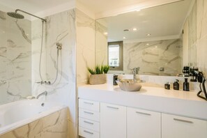 Shower, hair dryer, bidet, towels