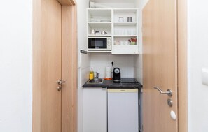 Fridge, microwave, stovetop, cookware/dishes/utensils