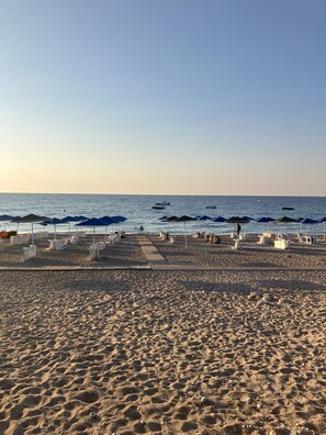 Plage à proximité, chaises longues, serviettes de plage