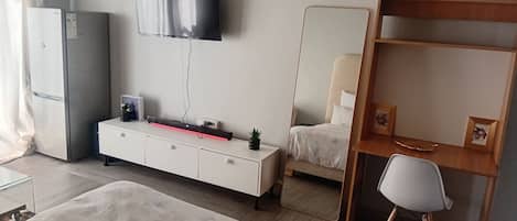 Ett hotellrum med en säng, ett skrivbord, en stol, en tv, en garderob och en liten växt.