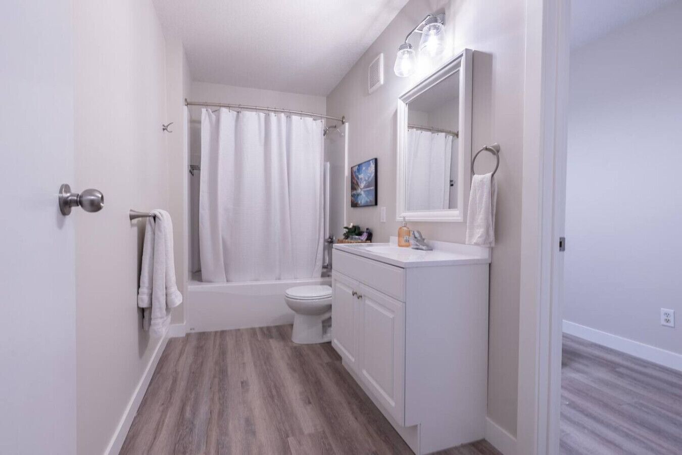A bathroom with a shower, toilet, and vanity.