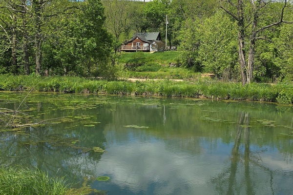 Cabin nestled in the Ozark hills overlooking the creek and pond