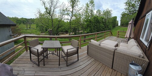 Waterfront cabin w/creek waterfall, pond & 2 decks. Secluded in the Ozark hills.