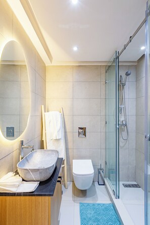 Shower, hair dryer, towels, soap