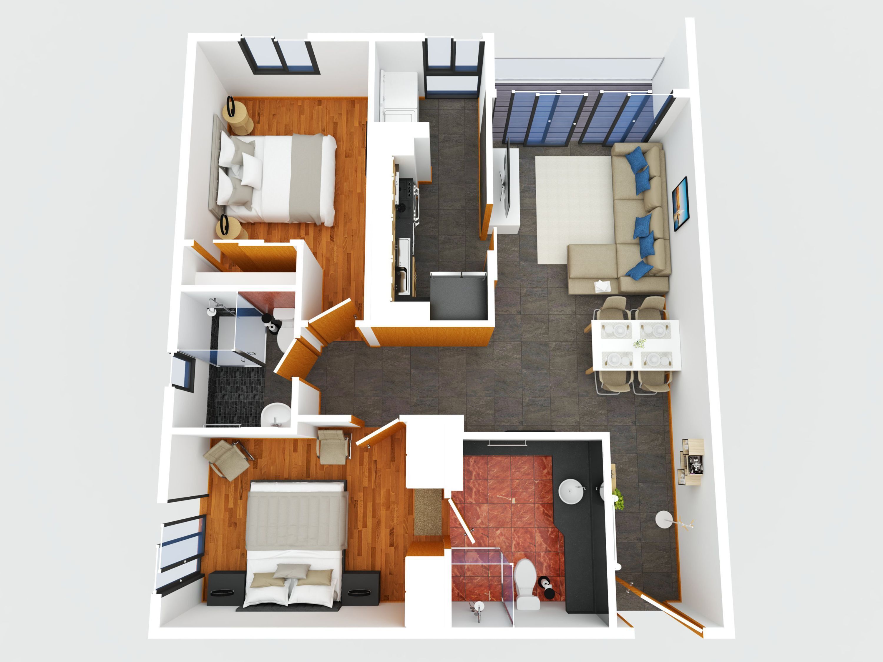 A 2-bedroom apartment with a living area, kitchen, and balcony.