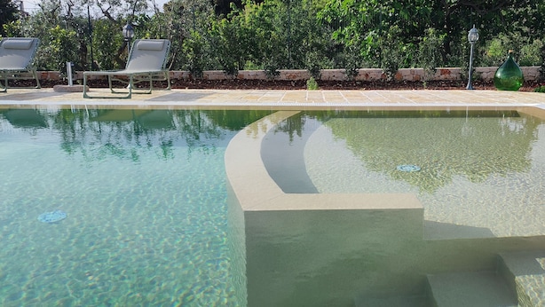 Ein klares Schwimmbecken mit Stufen, umgeben von einer Steinmauer und viel Grün.