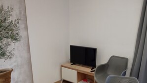 A modern living room with a flat-screen TV on a wooden stand, a gray mesh chair, a dining table with four bowls, and a potted plant. - Quiet country gite with air conditioning.  (Aups)